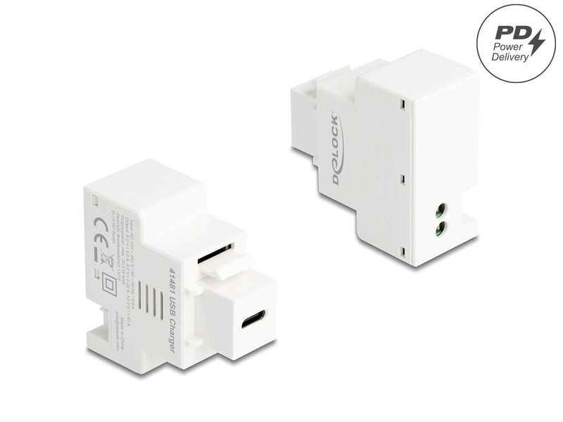Delock | Keystone Modul USB-C Ladebu 3A PD20W | In 100 - 240 V, Out 3,0 A / 20,0 W, weiss