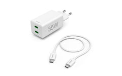 Hama | Mini-Schnellladegerät + Kabel | 2x USB-C, PD/QC, 35W, 1 m, Weiss