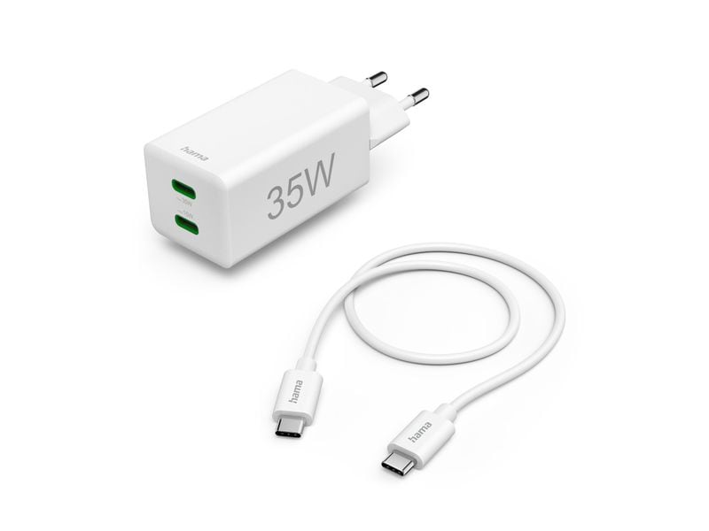 Hama | Mini-Schnellladegerät + Kabel | 2x USB-C, PD/QC, 35W, 1 m, Weiss