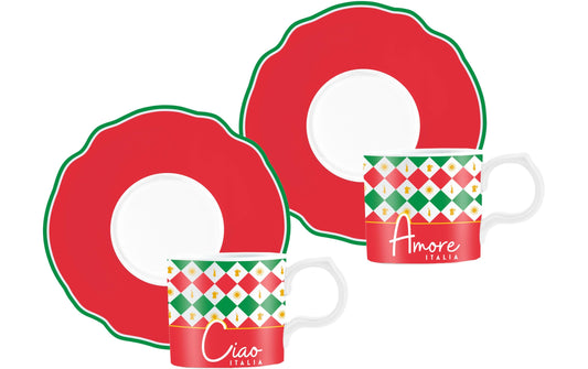 Bialetti | Set Tassen/ Teller Italia Damier | 90ml, 2 Tassen, 2 Teller, multifarbig