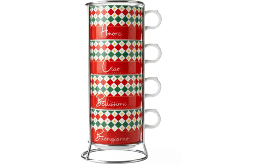 Bialetti | Set Cappucino Tassen Italia Damier | 4 Stück, 160ml, multifarbig, stapelbar