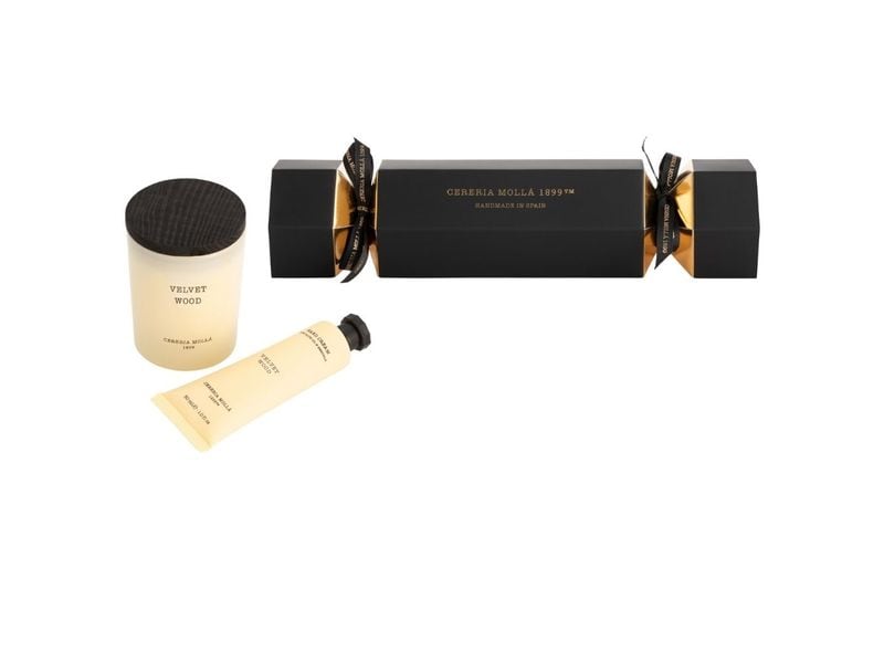 Cerería Mollá | CM Geschenkset Cracker Velvet Wood | 70g Kerze und 30ml Handcreme