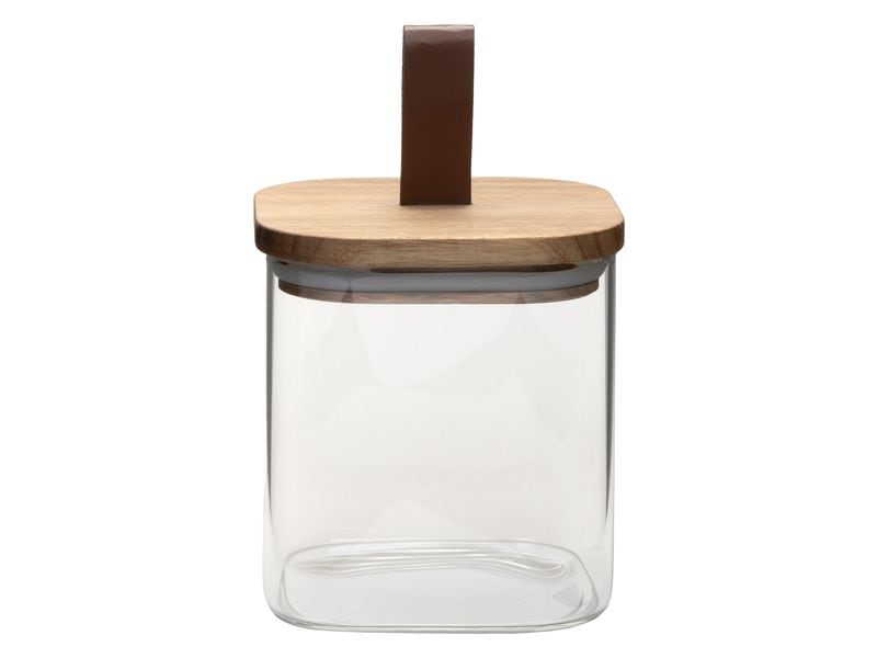 COCON | Vorratsdose eckig 600ml | Glas, 10x10x10cm, Deckel Akazie