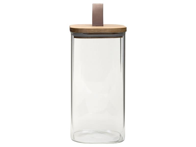 COCON | Vorratsdose eckig 1400ml | Glas, 10x10x20cm, Deckel Akazie