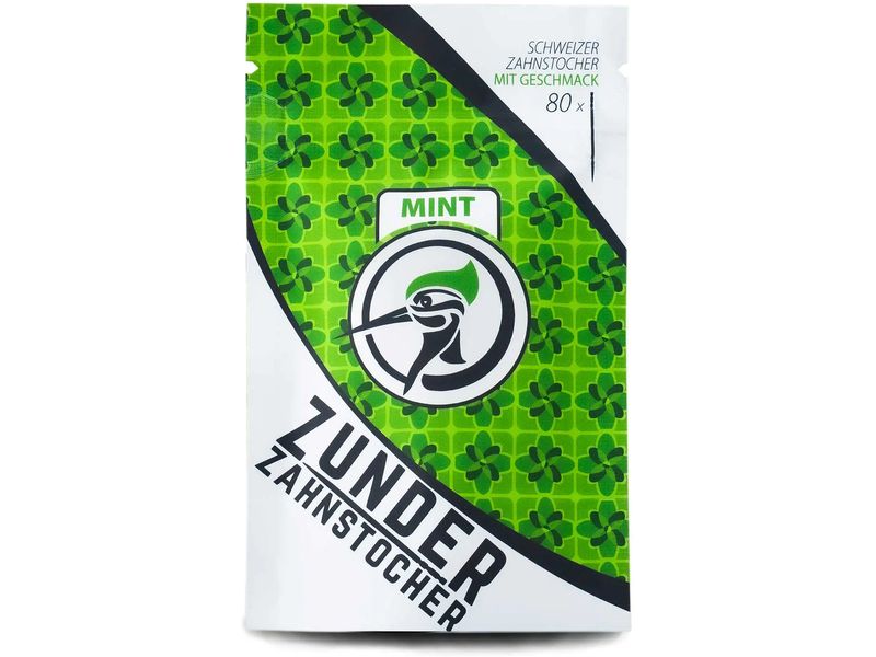 Zunder Zahnstocher | Mint, 80 Stück | Refill,wiederverschliessb. Plastikbag,Birke