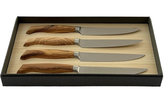 Wok | Steakmesser 4er Set Olive | Olivenholz geschmiedeter Sollinger Stahl