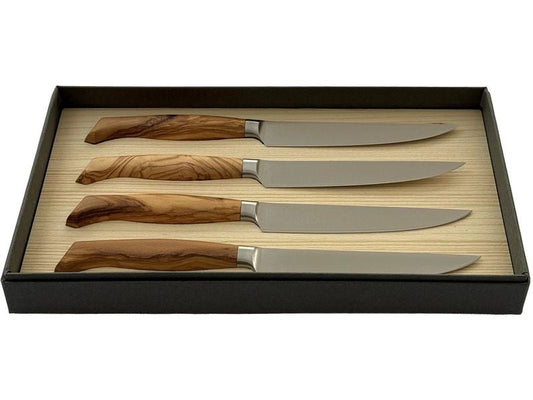 Wok | Steakmesser 4er Set Olive | Olivenholz geschmiedeter Sollinger Stahl