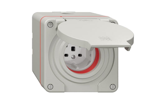 Feller | NEVO AP Nass-Steckdose 1xTyp 25 16A | 250V mit Steckklemm IP55 rote Dicht lichtgr