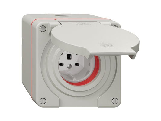 Feller | NEVO AP Nass-Steckdose 1xTyp 25 16A | 250V mit Steckklemm IP55 rote Dicht lichtgr