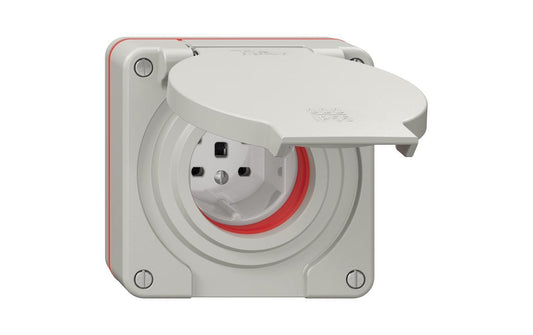 Feller | NEVO UP Nass-Steckdose 1xTyp 25 16A | 400V mit Steckklemm IP55 rote Dicht lichtgr