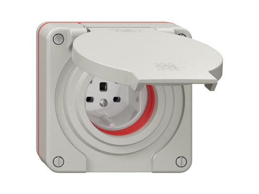 Feller | NEVO UP Nass-Steckdose 1xTyp 25 16A | 400V mit Steckklemm IP55 rote Dicht lichtgr