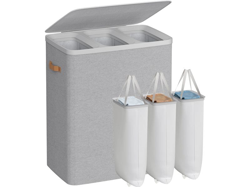 Songmics | Wäschekorb Grau, 3 Säcke | 64x40x75 cm, Polyester, Oxford, PP, MDF