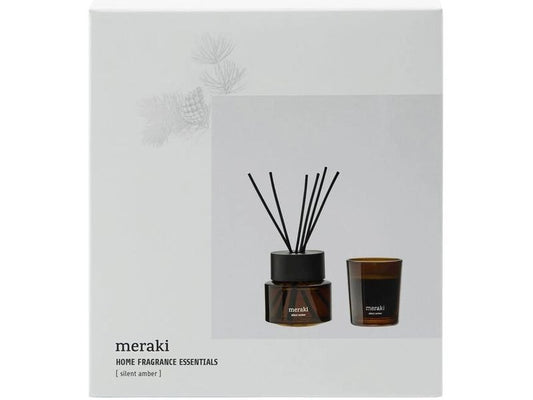 meraki | Geschenkset Duftkerze und Diffuser | Diffuser Silent Amber 100ml, Duftkerze 60g