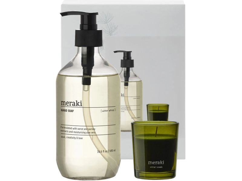 meraki | Geschenkset Winter Whisp Handseife | 490ml, Winter Wood Kerze 60g
