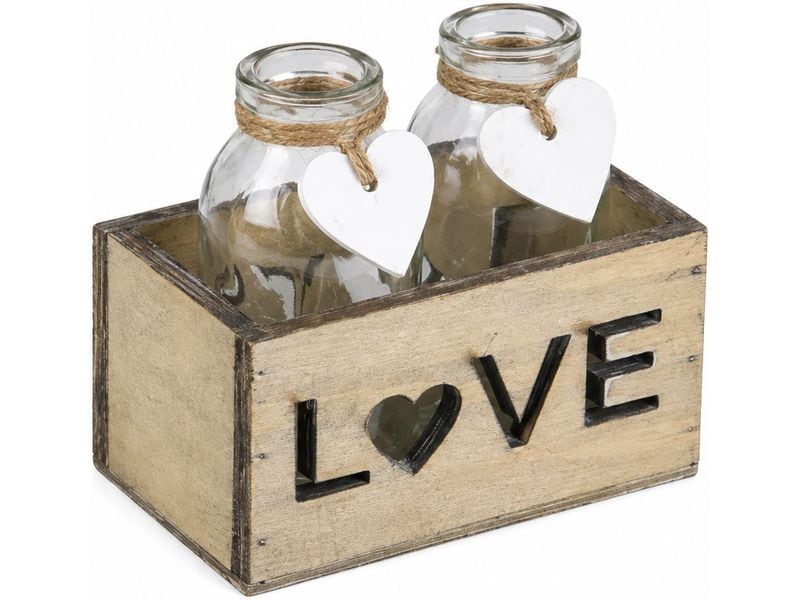 CHALET | Holz-Tray Love 2 Flaschen | 12x7x11cm grau-antik