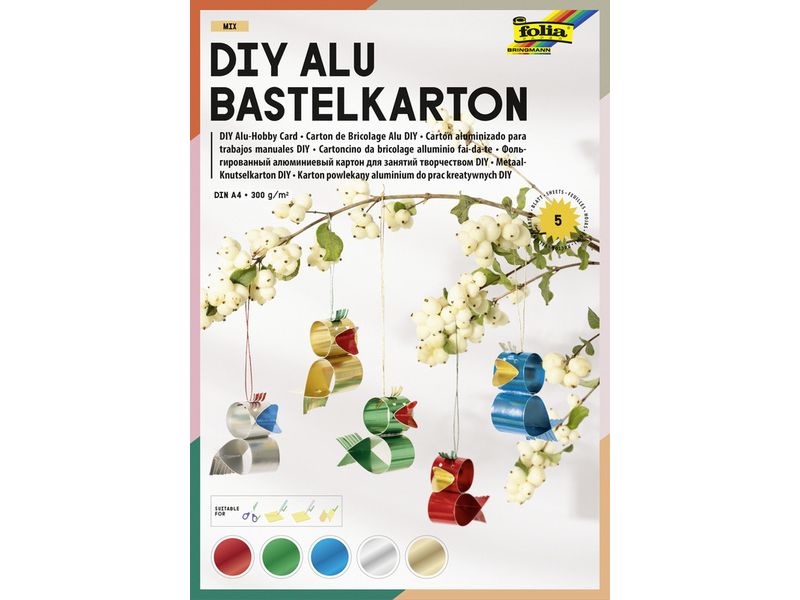 Folia | DIY Alu Bastelkarton Mix 300g/m² | A4, 5 Blatt, farbig sortiert