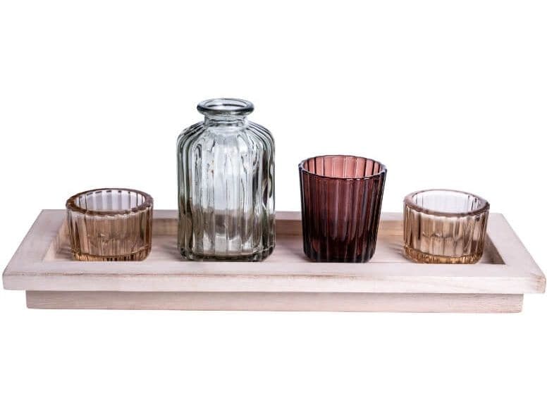 CHALET | SET 4tlg. Glasset m. Holzteller | 32.5x12.5x8.5cm grün/braun/creme