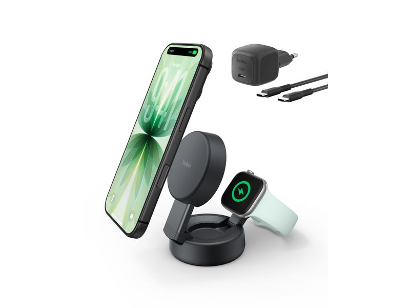 Belkin | UltraCharge Pro 2-in-1-Ladestation | Qi2 (25W), Faltbar, Dunkelgrau