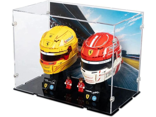 iDisplayit | Acryl-Display 2 x LEGO F1 Helme | Mit Hintergrundbild & schwarzem Boden