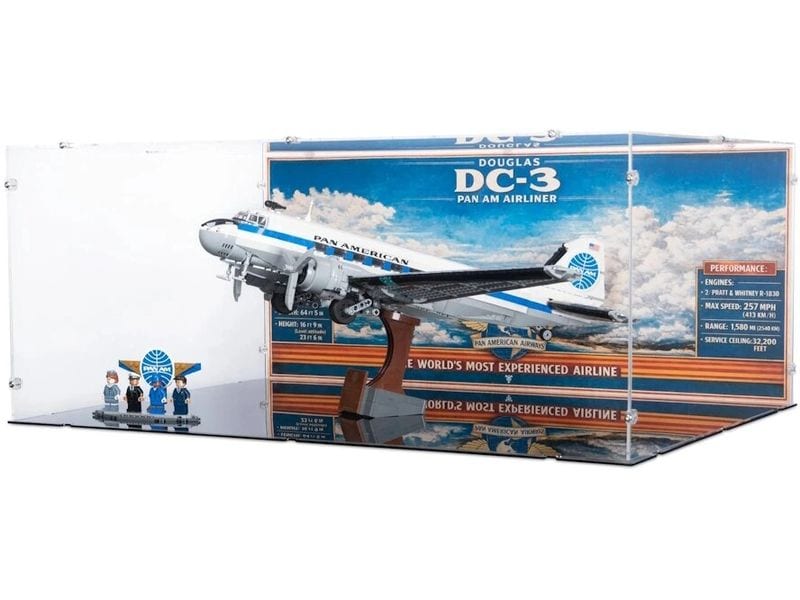 iDisplayit | Acryl-Display LEGO 11378 Douglas DC-3 PAN | Mit Hintergrundbild & schwarzem Boden