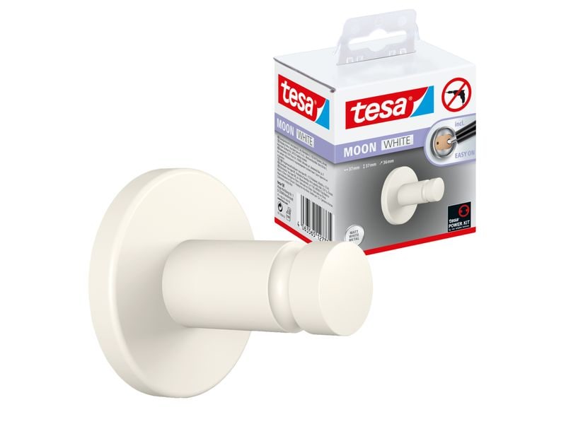 tesa | Handtuchhaken MOON WHITE Serie | ohne Bohren, weiss