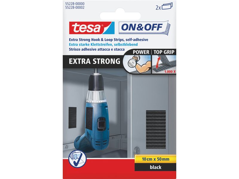 tesa | Klettband On&Off Extra Strong | 0.05m x 100mm, Schwarz