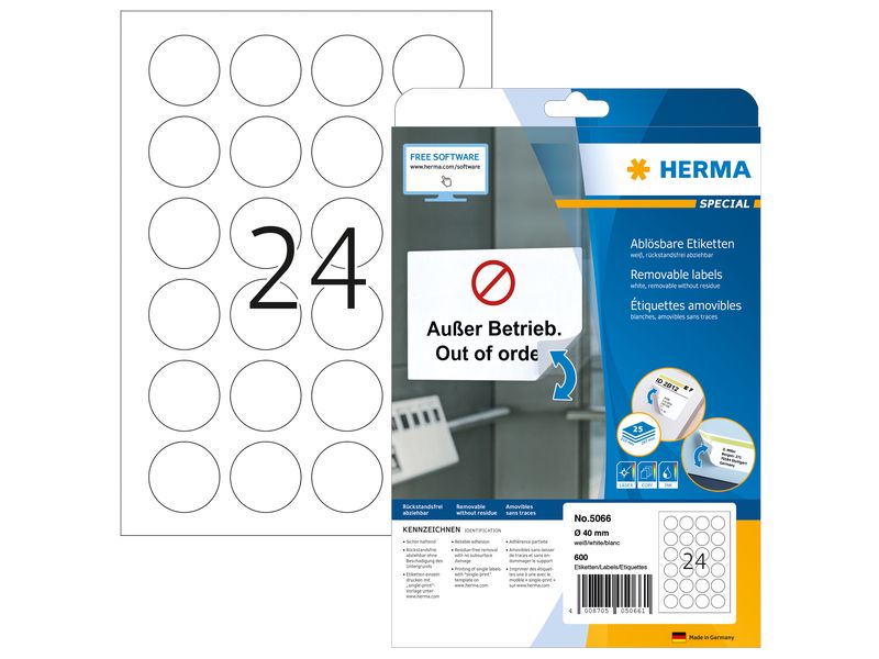 HERMA | Etiketten | A4 Ø 40 mm rund weiss ablösbar