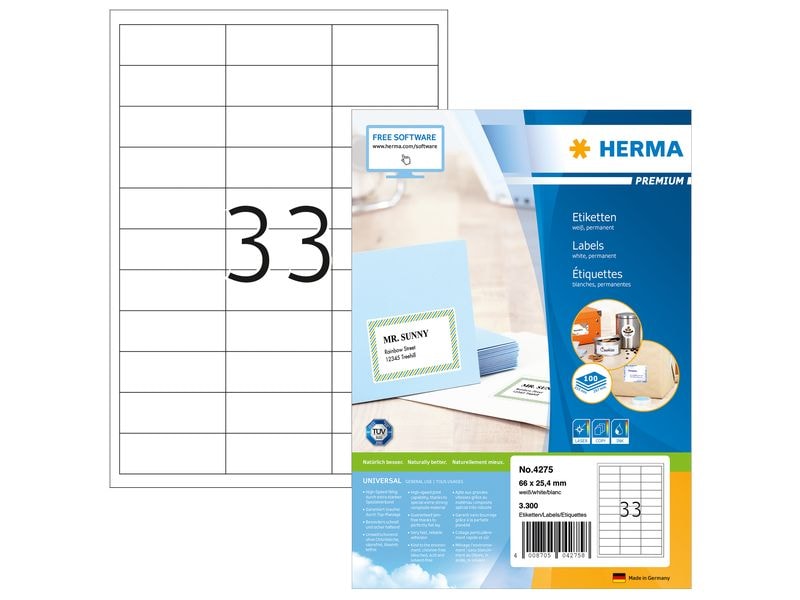 HERMA | PREMIUM | A4, 66 x 25.4 mm, weiss, permanent haftend