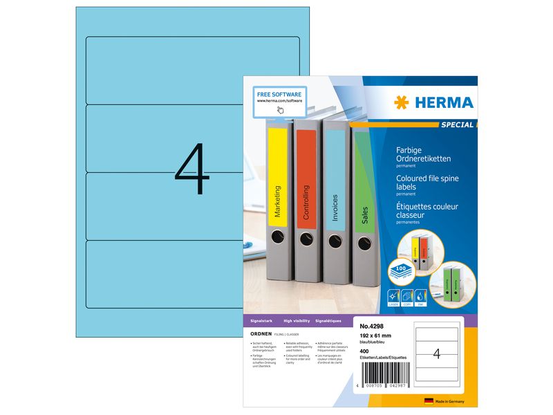 HERMA | Ordneretiketten | A4 192 x 61 mm Blau Permanent Haftend Breit