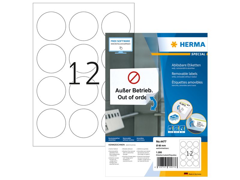 HERMA | Etiketten | Ablösbar A4 Ø 60 mm rund weiss