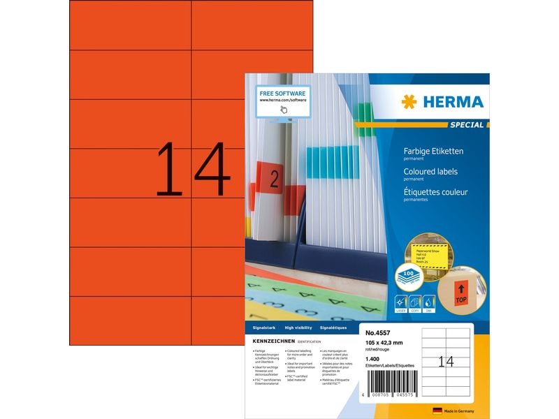 HERMA | Etiketten | A4, 105 x 42.3 mm, rot, permanent haftend