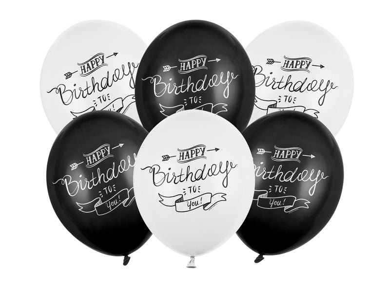 Partydeco | Ballons Happy Birthday | schwarz/weiss, 30 cm, 6 Stk