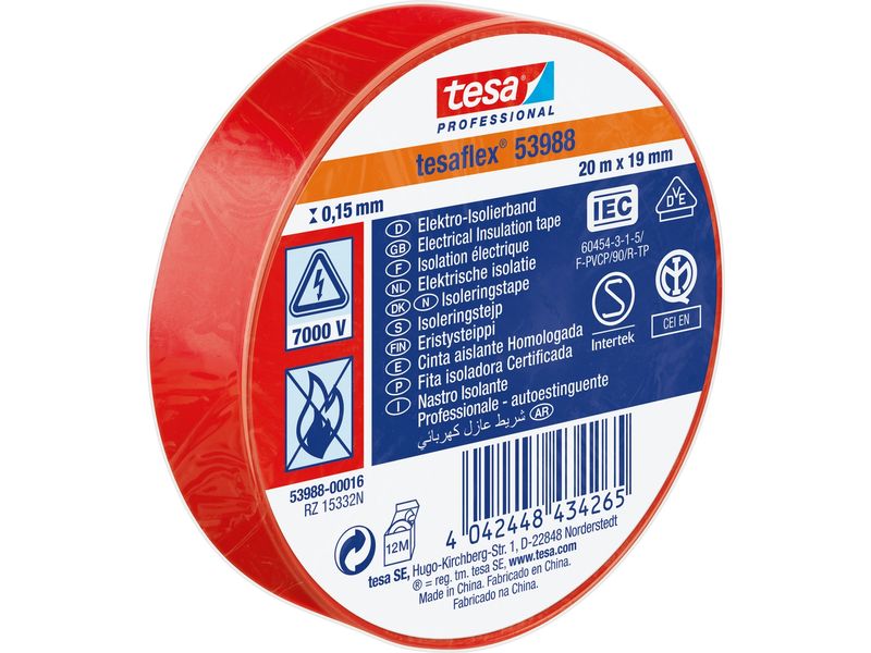 tesa | Isolierband SPVC Elektroband rot | 20m x 19mm, Rot