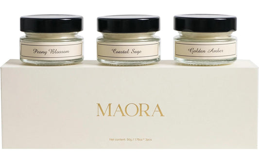 MAORA | Geschenkbox Duftkerzen 3x50 Gramm | Peony Blossom,Golden Amber,Coastal Sage
