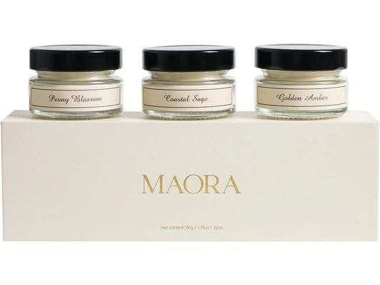 MAORA | Geschenkbox Duftkerzen 3x50 Gramm | Peony Blossom,Golden Amber,Coastal Sage