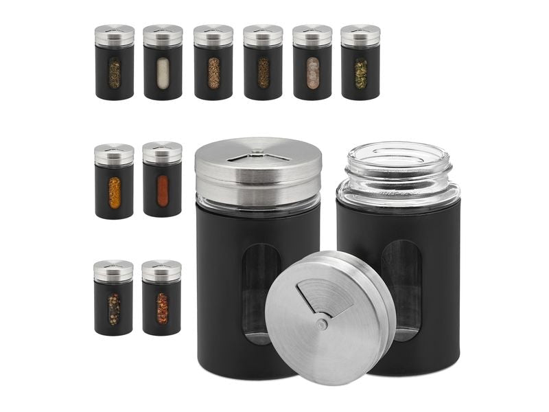 relaxdays | Gewürzstreuer 90 ml | 12er Set, Edelstahl, Schwarz/Silber