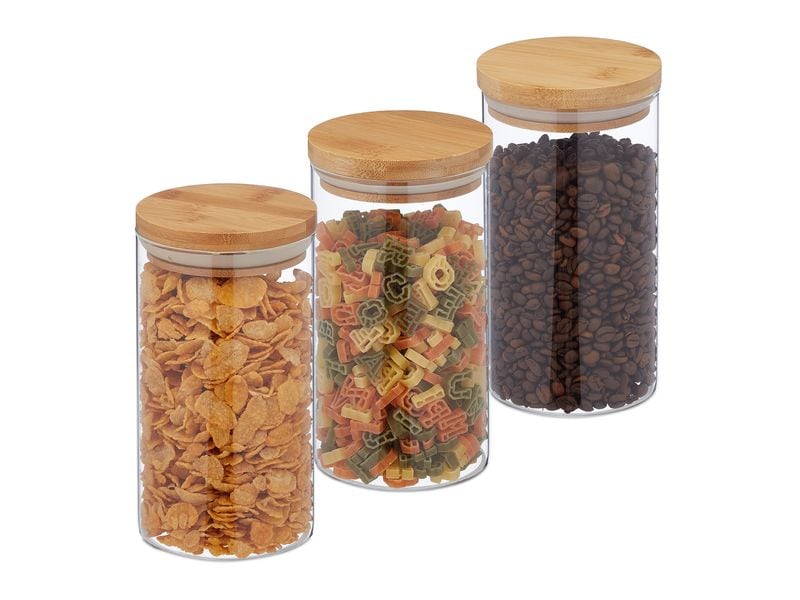 relaxdays | Vorratsglas mit Bambusdeckel | 3er Set, 3 x 1000 ml