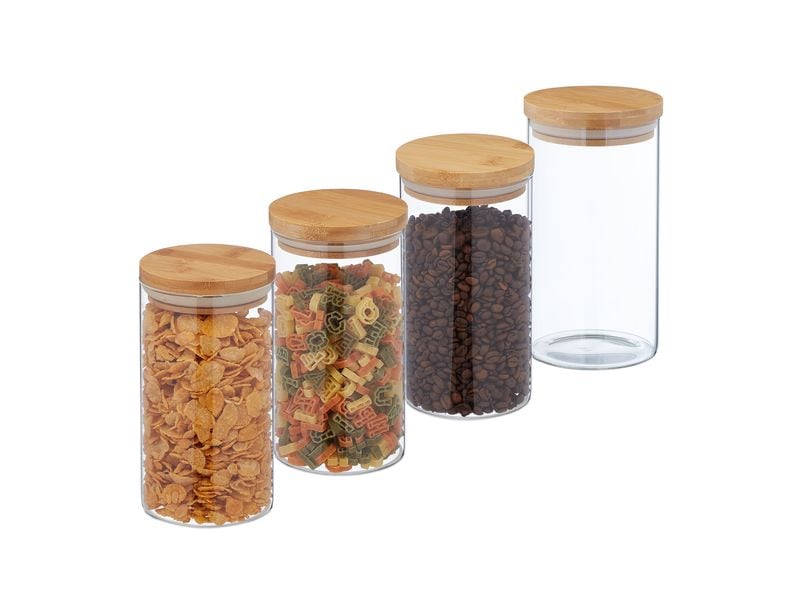 relaxdays | Vorratsglas mit Bambusdeckel | 4er Set, 4 x 1000 ml