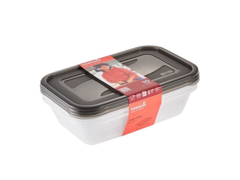 keeeper | Frischhaltedose eckig 3 x 2,4 l | fredo fresh, crystal grey (transparent)