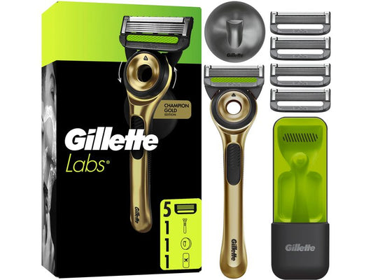 Gillette | Labs Gold Klingen 5er, HS, Etui | 5er + Handstück + Wandhalterung