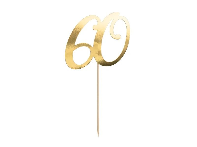Partydeco | Caketopper Zahl 60 | Karton mit Holzspiess Gold, 21 cm