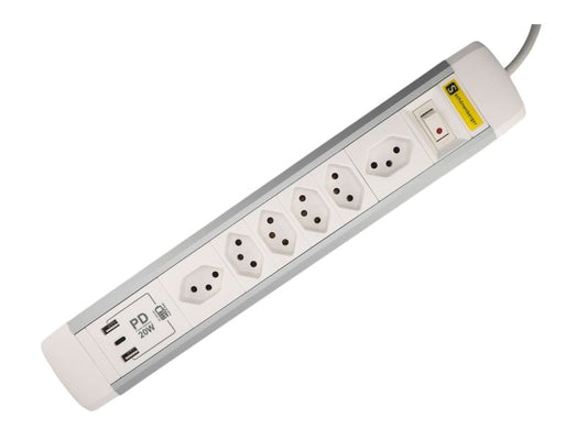 Schönenberger | ALU Steckdosenleiste USB-C | 2m Zuleitung, Stecker T12 Alu/ws