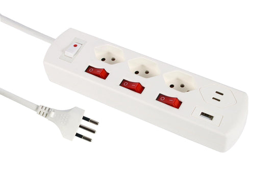 Schönenberger | Steckdosenleiste Fix-Line | Multi Switch, 3xT13, 2xUSB-C,1xUSB-A, ws