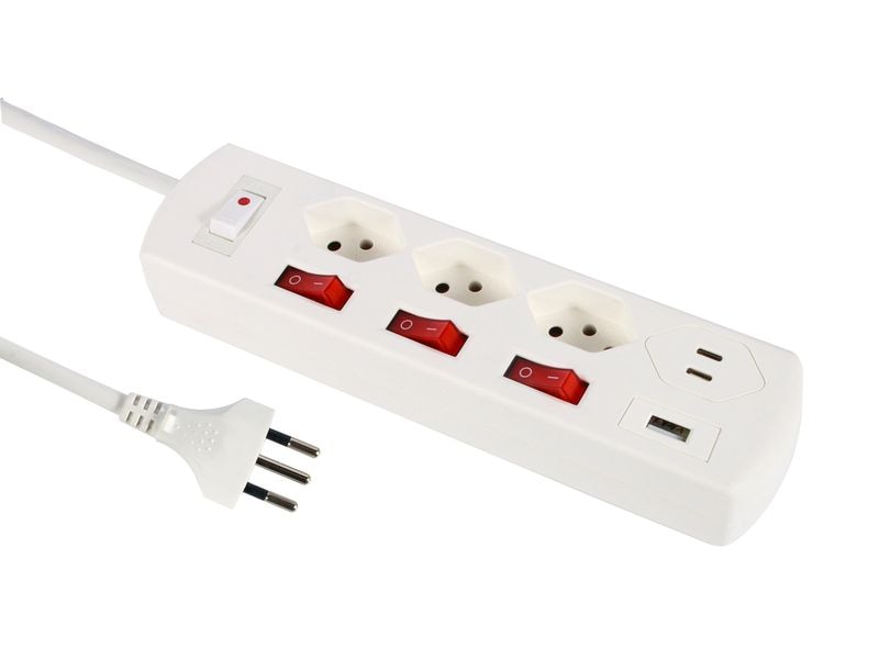 Schönenberger | Steckdosenleiste Fix-Line | Multi Switch, 3xT13, 2xUSB-C,1xUSB-A, ws