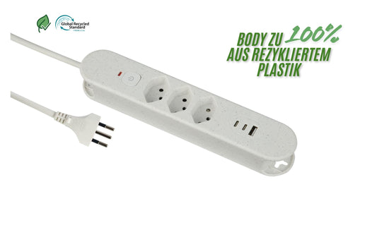 Schönenberger | Steckdosenleiste ReLife USB | 3xT13, 2x USB-C, 1x USB-A, 1.8m Kab, weiss