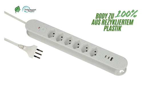 Schönenberger | Steckdosenleiste ReLife USB | 6xT13, 2x USB-C, 1x USB-A, 1.8m Kab, weiss