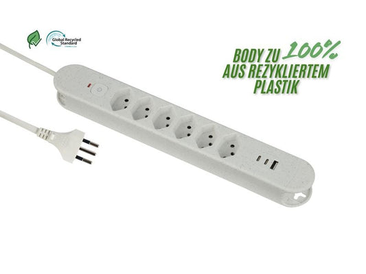 Schönenberger | Steckdosenleiste ReLife USB | 6xT13, 2x USB-C, 1x USB-A, 1.8m Kab, weiss