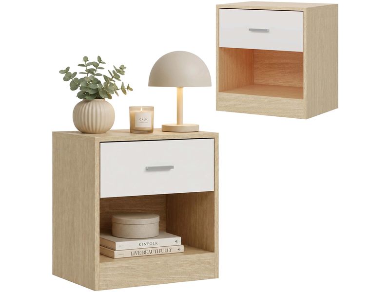 relaxdays | Nachttisch mit Schublade 2er Set | H x B x T: ca. 41 x 39 x 28 cm, Braun/We.