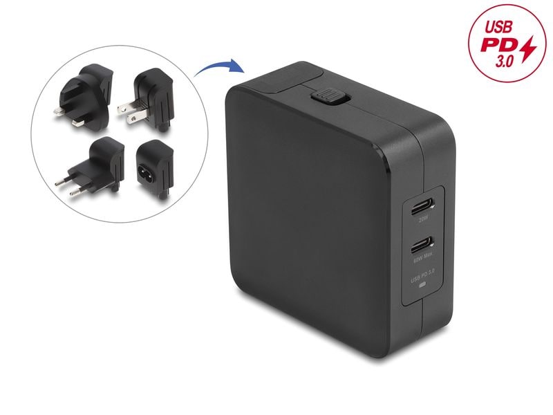 Delock | USB-Ladegerät | GaN, 2 x USB Type-C PD 3.0, 65 W, inkl.