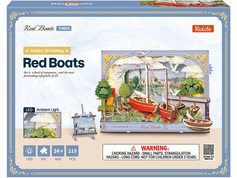 Rowood | Red Boats 3D-Wandbild | 219-teiliges Holzpuzzle mit LED-Licht